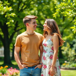 A stylish portrait of a young adult male and female couple standing together