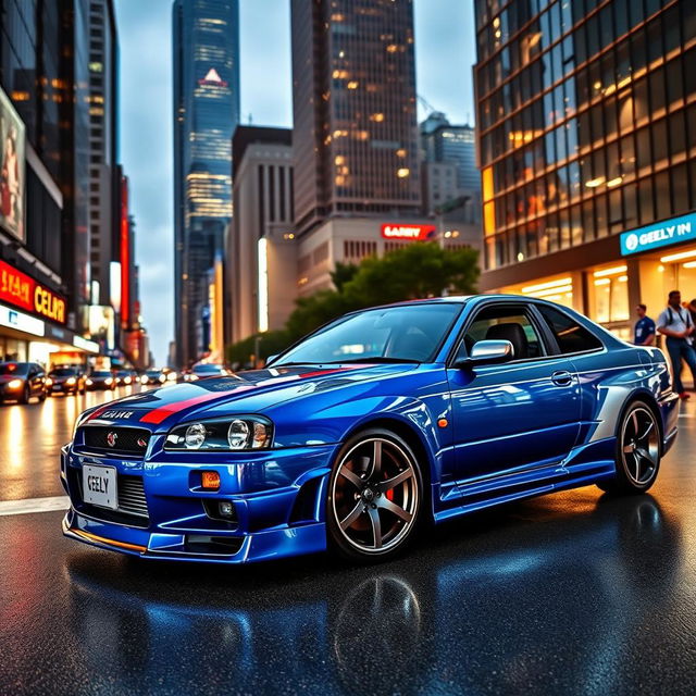 A vibrant comparison of a Nissan Skyline R34 and a Geely car in a modern cityscape