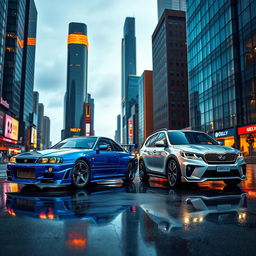 A vibrant comparison of a Nissan Skyline R34 and a Geely car in a modern cityscape