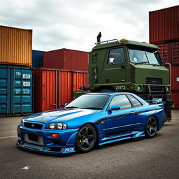 A unique scene showcasing a Nissan Skyline R34 and a powerful truck in an industrial setting