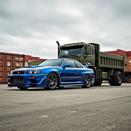 A unique scene showcasing a Nissan Skyline R34 and a powerful truck in an industrial setting