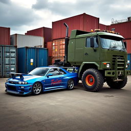 A unique scene showcasing a Nissan Skyline R34 and a powerful truck in an industrial setting