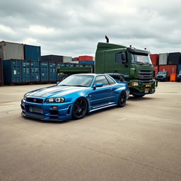 A unique scene showcasing a Nissan Skyline R34 and a powerful truck in an industrial setting