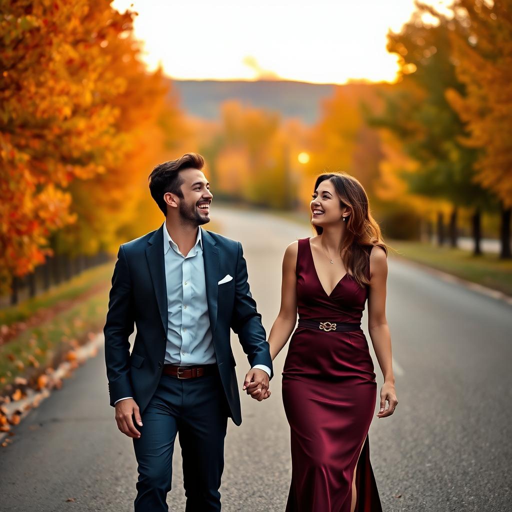 A well-dressed young male and female couple walking hand in hand along a picturesque road, both laughing joyously