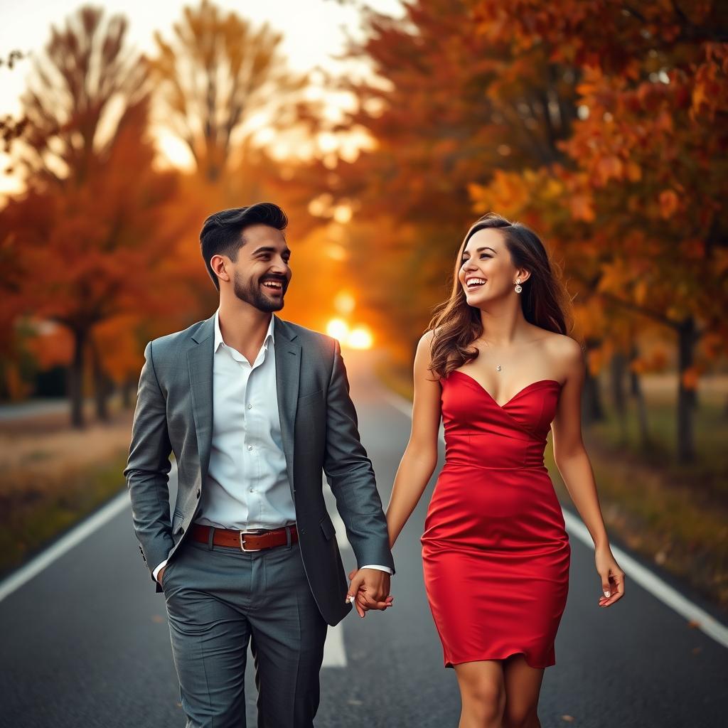 A well-dressed young male and female couple walking hand in hand along a picturesque road, both laughing joyously