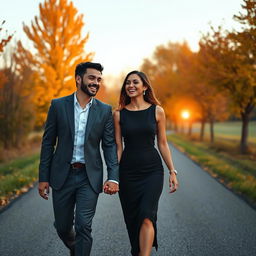 A well-dressed young male and female couple walking hand in hand along a picturesque road, both laughing joyously