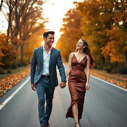 A well-dressed young male and female couple walking hand in hand along a picturesque road, both laughing joyously