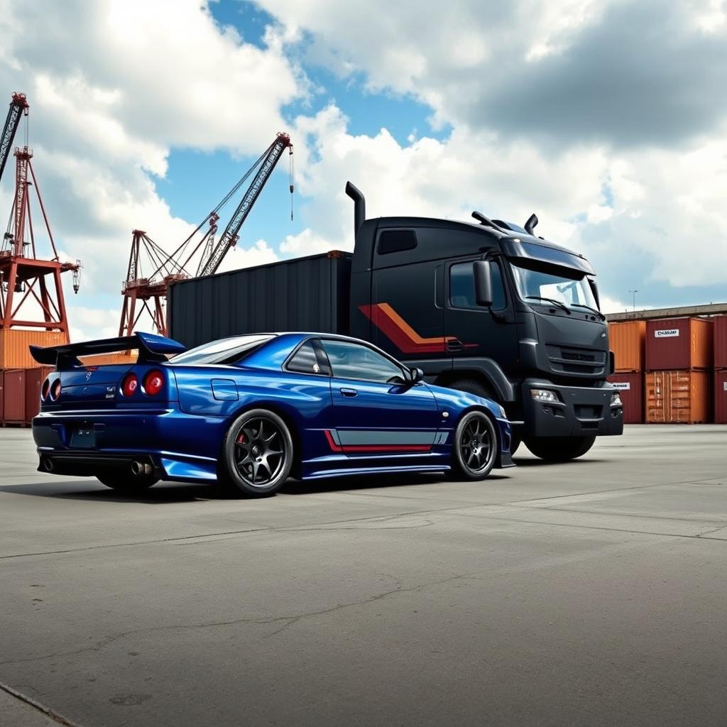 A dramatic depiction of a Nissan Skyline R34 GTR and a robust truck in an industrial setting