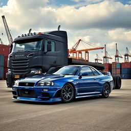 A dramatic depiction of a Nissan Skyline R34 GTR and a robust truck in an industrial setting