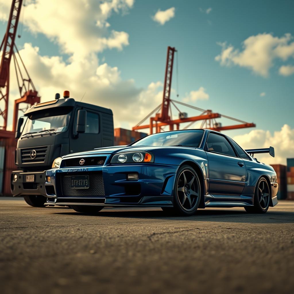 A dramatic depiction of a Nissan Skyline R34 GTR and a robust truck in an industrial setting