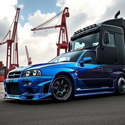 A dramatic depiction of a Nissan Skyline R34 GTR and a robust truck in an industrial setting