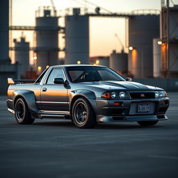 An imaginative transformation of a Nissan Skyline R34 GTR into a robust truck, merging the sleek design elements of the R34 GTR with the functionality of a pickup truck