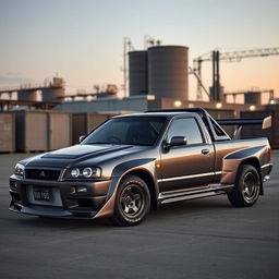 An imaginative transformation of a Nissan Skyline R34 GTR into a robust truck, merging the sleek design elements of the R34 GTR with the functionality of a pickup truck