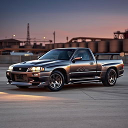 An imaginative transformation of a Nissan Skyline R34 GTR into a robust truck, merging the sleek design elements of the R34 GTR with the functionality of a pickup truck