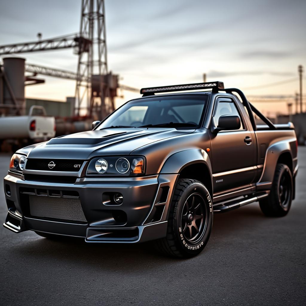 An imaginative transformation of a Nissan Skyline R34 GTR into a robust truck, merging the sleek design elements of the R34 GTR with the functionality of a pickup truck