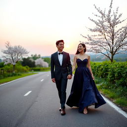 A young male and female couple, elegantly dressed, walking hand in hand along a scenic road, both laughing joyfully