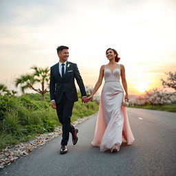 A young male and female couple, elegantly dressed, walking hand in hand along a scenic road, both laughing joyfully