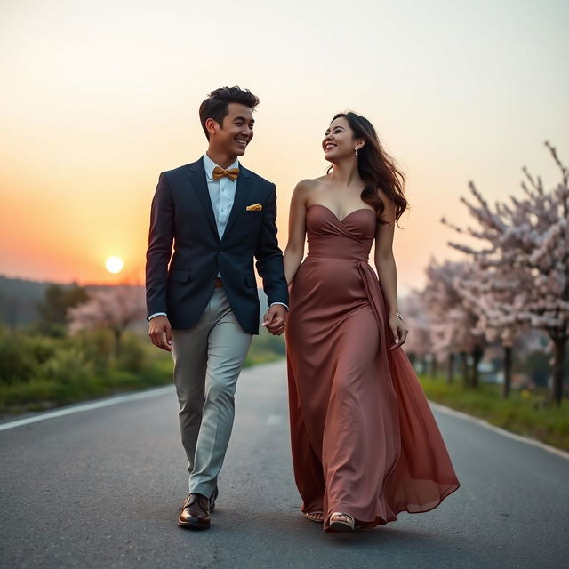 A young male and female couple, elegantly dressed, walking hand in hand along a scenic road, both laughing joyfully