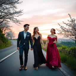 A young male and female couple, elegantly dressed, walking hand in hand along a scenic road, both laughing joyfully