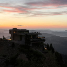 A majestic house perched on a rugged mountaintop under a delicate sunset.