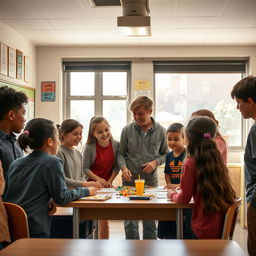 A scene from a family-friendly TV movie set in a school environment, filled with engaging characters and a heartwarming storyline