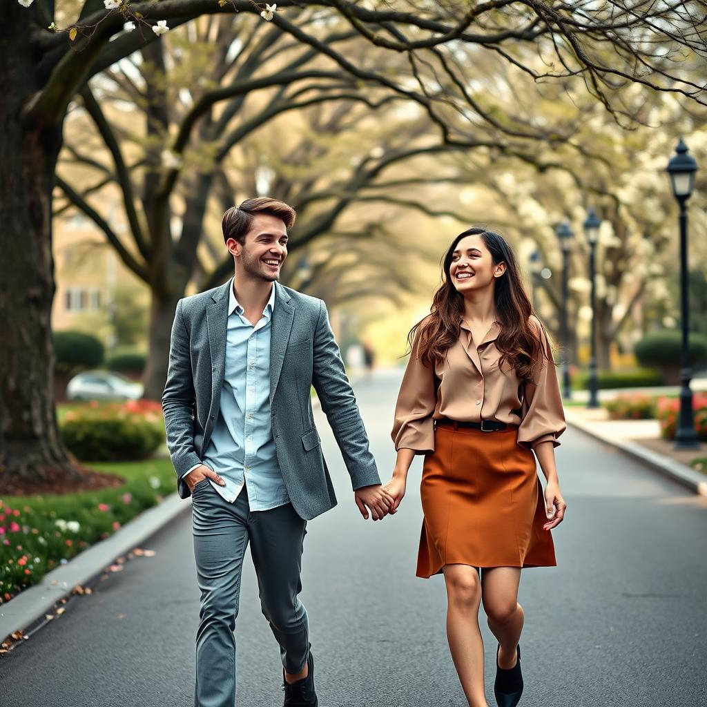 Two well-dressed young college students, a male and a female, walking hand in hand along a charming road, both laughing joyfully