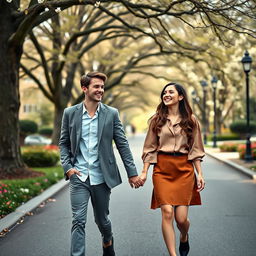 Two well-dressed young college students, a male and a female, walking hand in hand along a charming road, both laughing joyfully