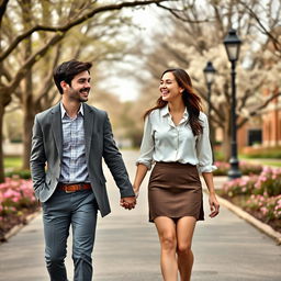 Two well-dressed young college students, a male and a female, walking hand in hand along a charming road, both laughing joyfully