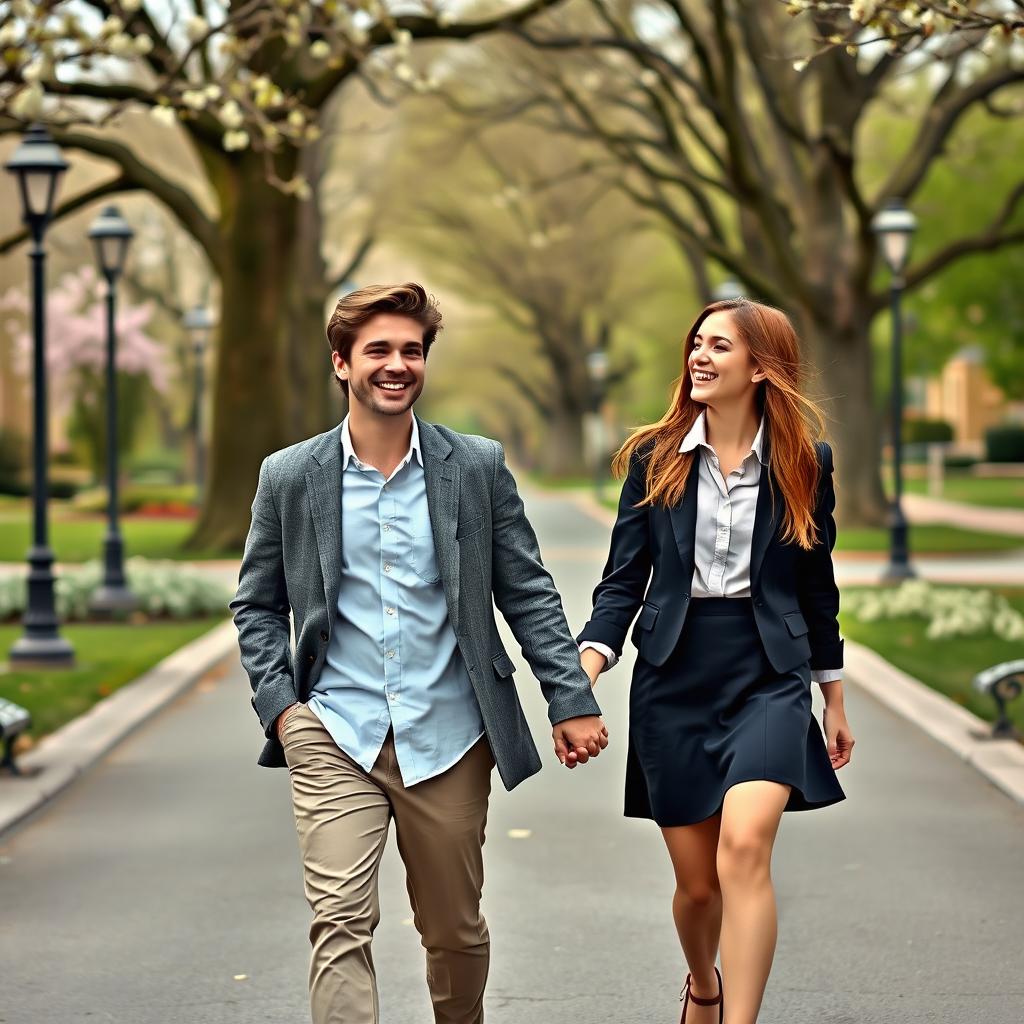 Two well-dressed young college students, a male and a female, walking hand in hand along a charming road, both laughing joyfully