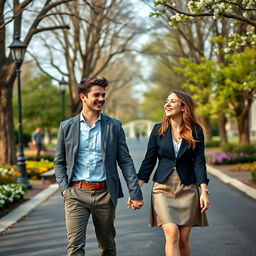 Two well-dressed young college students, a male and a female, walking hand in hand along a charming road, both laughing joyfully