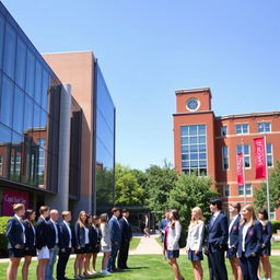 Two rival schools, one with a modern architectural style featuring sleek glass buildings and students in spotless uniforms, while the other has a more traditional look with red-brick structures and students wearing classic blazers