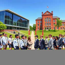 Two rival schools, one with a modern architectural style featuring sleek glass buildings and students in spotless uniforms, while the other has a more traditional look with red-brick structures and students wearing classic blazers