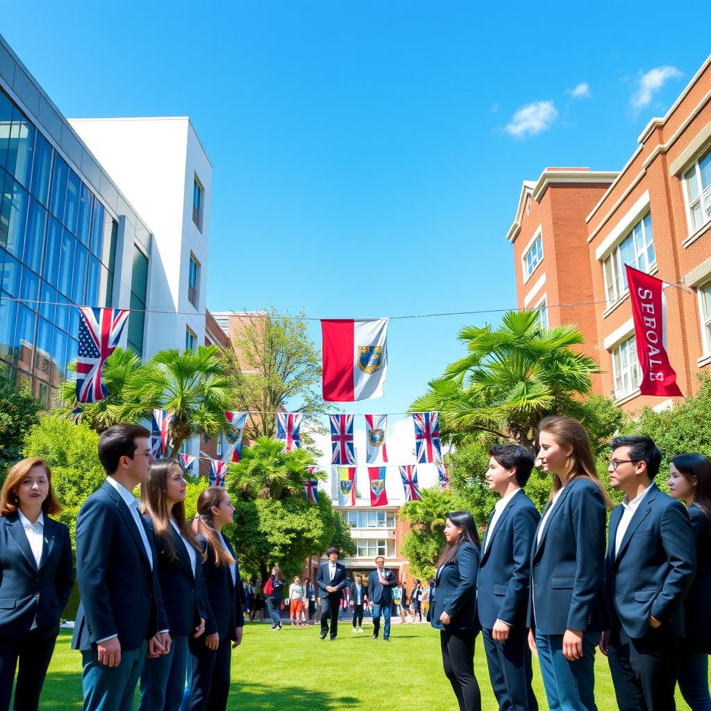 Two rival schools, one with a modern architectural style featuring sleek glass buildings and students in spotless uniforms, while the other has a more traditional look with red-brick structures and students wearing classic blazers