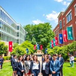 Two rival schools, one with a modern architectural style featuring sleek glass buildings and students in spotless uniforms, while the other has a more traditional look with red-brick structures and students wearing classic blazers