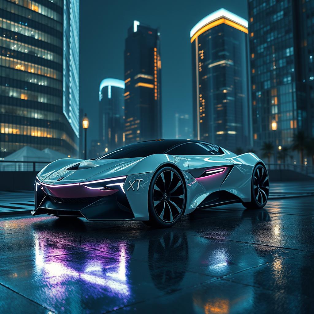 A futuristic and sleek EvoDrive X1 car, with a smooth aerodynamic body and advanced LED lighting accentuating its sharp edges