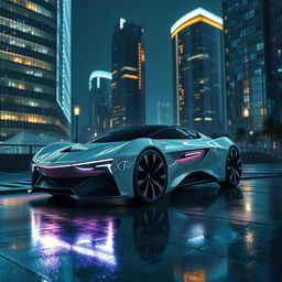 A futuristic and sleek EvoDrive X1 car, with a smooth aerodynamic body and advanced LED lighting accentuating its sharp edges