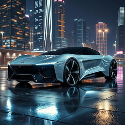 A futuristic and sleek EvoDrive X1 car, with a smooth aerodynamic body and advanced LED lighting accentuating its sharp edges