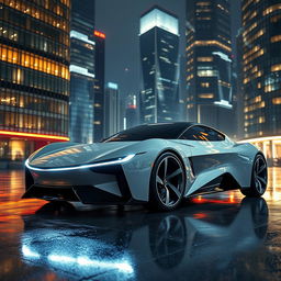 A futuristic and sleek EvoDrive X1 car, with a smooth aerodynamic body and advanced LED lighting accentuating its sharp edges