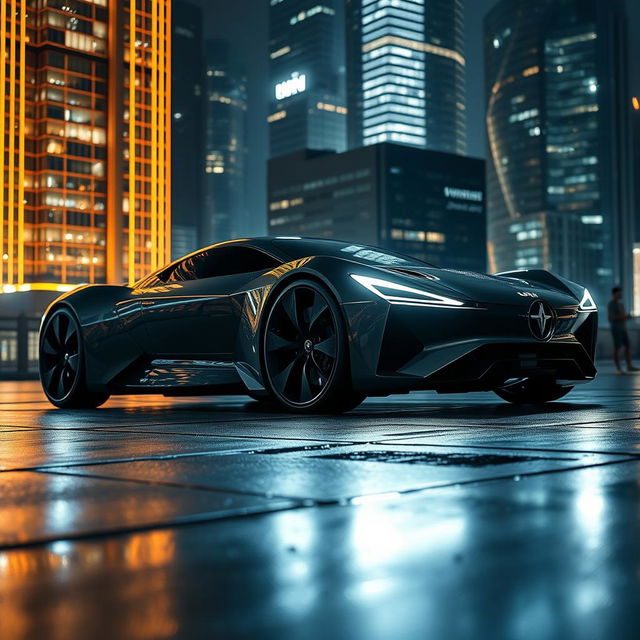 A futuristic and sleek EvoDrive X1 car, with a smooth aerodynamic body and advanced LED lighting accentuating its sharp edges