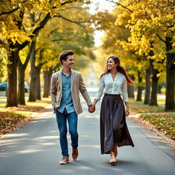 A young male and female college student duo walking hand in hand along a scenic road, both bubbling with laughter