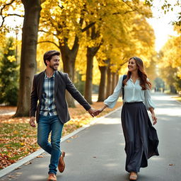 A young male and female college student duo walking hand in hand along a scenic road, both bubbling with laughter