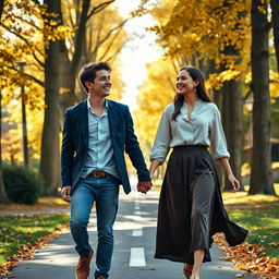 A young male and female college student duo walking hand in hand along a scenic road, both bubbling with laughter