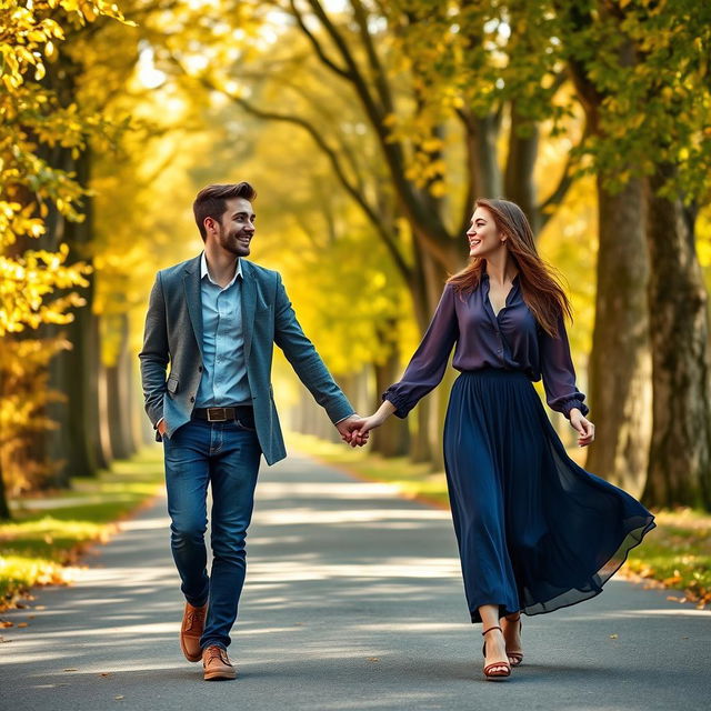 A young male and female college student duo walking hand in hand along a scenic road, both bubbling with laughter