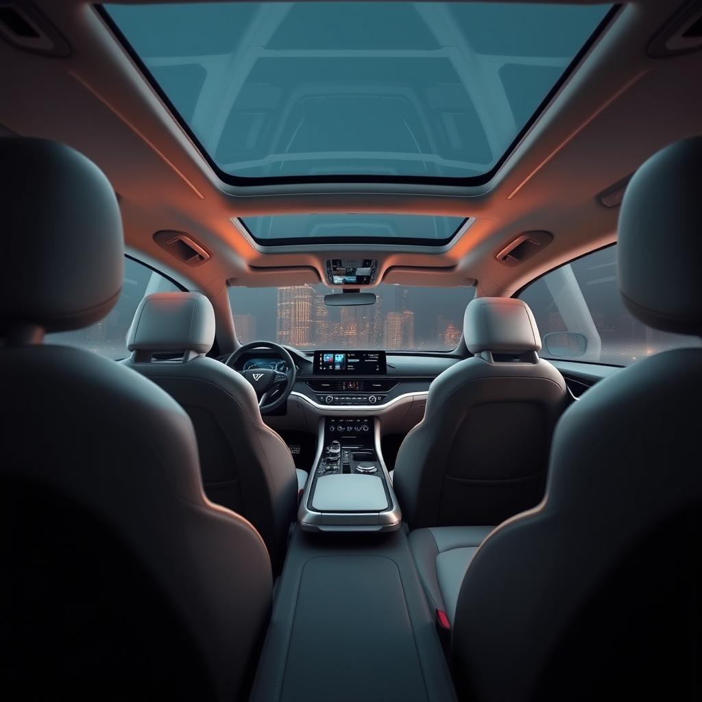 Luxurious interior of the EvoDrive X1 car, featuring ergonomic leather seats with intricate stitching, a high-tech digital dashboard with a sleek touchscreen interface, ambient LED lighting within the cabin, a premium sound system, and a panoramic sunroof