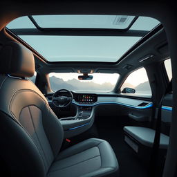 Luxurious interior of the EvoDrive X1 car, featuring ergonomic leather seats with intricate stitching, a high-tech digital dashboard with a sleek touchscreen interface, ambient LED lighting within the cabin, a premium sound system, and a panoramic sunroof