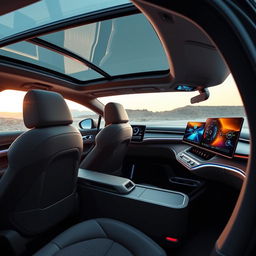 Luxurious interior of the EvoDrive X1 car, featuring ergonomic leather seats with intricate stitching, a high-tech digital dashboard with a sleek touchscreen interface, ambient LED lighting within the cabin, a premium sound system, and a panoramic sunroof