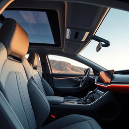 Luxurious interior of the EvoDrive X1 car, featuring ergonomic leather seats with intricate stitching, a high-tech digital dashboard with a sleek touchscreen interface, ambient LED lighting within the cabin, a premium sound system, and a panoramic sunroof