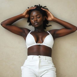 A dark-skinned woman is lying on the ground in a semi-sleeping position