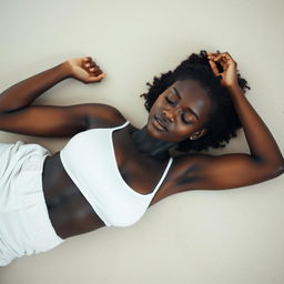 A dark-skinned woman is lying on the ground in a semi-sleeping position