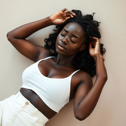 A dark-skinned woman is lying on the ground in a semi-sleeping position